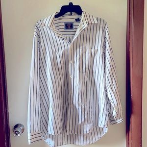 A white button down with black stripes.